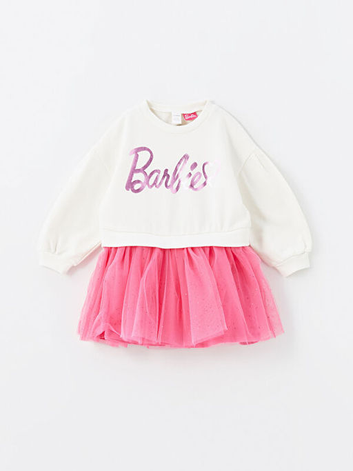 Bisiklet Yaka Uzun Kollu Barbie Bask?l? K?z Bebek Elbise