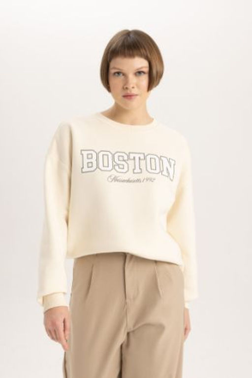 Relax Fit Bisiklet Yaka Universite Bask?l? Kal?n Kumas Sweatshirt