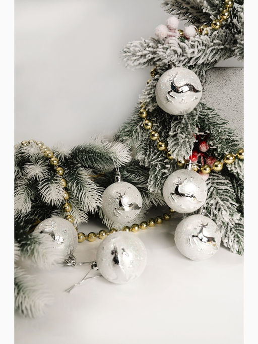 Ёлочные игрушки Северный олень, шары новогодние, пластик, набор d=6 см, 6 шт., серебро - Зимнее волшебство фото 3