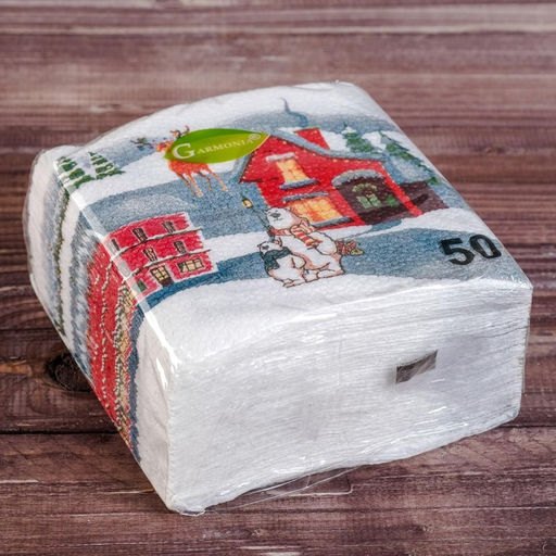 Цена за 5 шт. Салфетки новогодние бумажные Домики, 24?24 см, 50 шт.