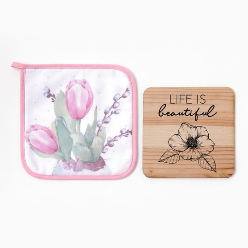 Набор кухонный «Этель. Тюльпаны»: прихватка 19×19 см, подставка под горячее