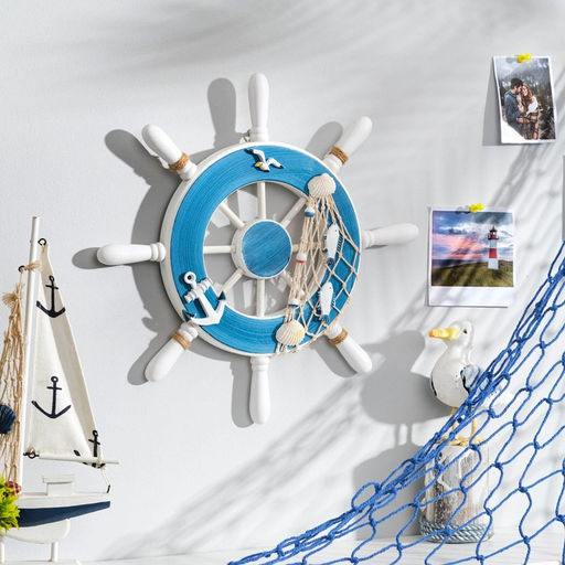 Декор настенный, панно «Штурвал с сеткой», бело-синий, 32×32×2 см