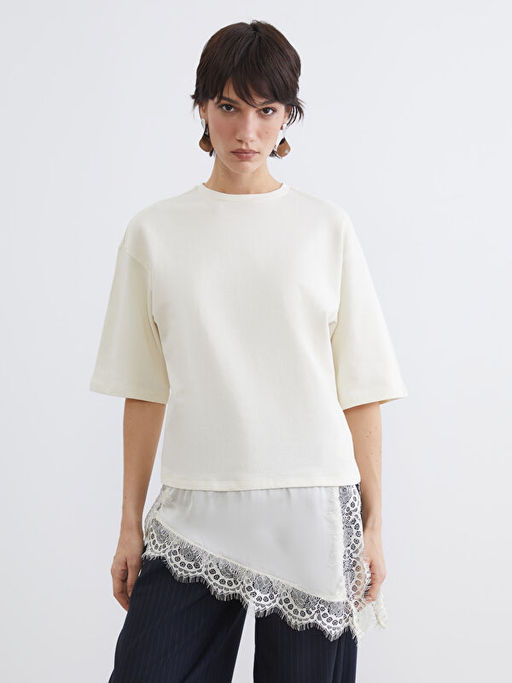 Bisiklet Yaka Dantel Detayl? Kad?n Ti??rt