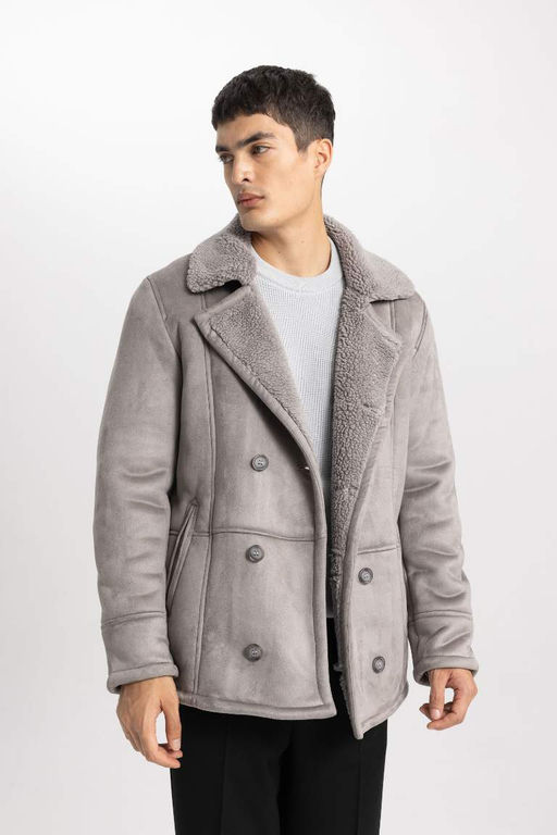 Замшевое пальто с плюшевой подкладкой и воротником-жакетом Slim Fit - Defacto фото 3
