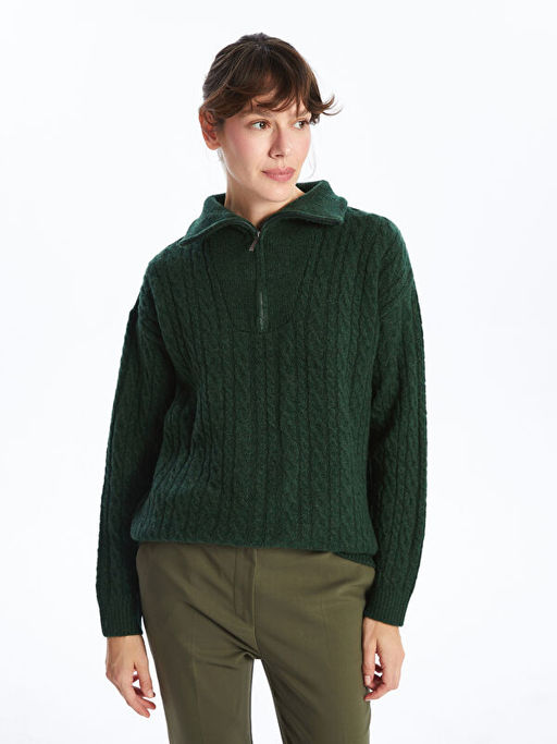 Dik Yaka Kendinden Desenli Kad?n Triko Kazak