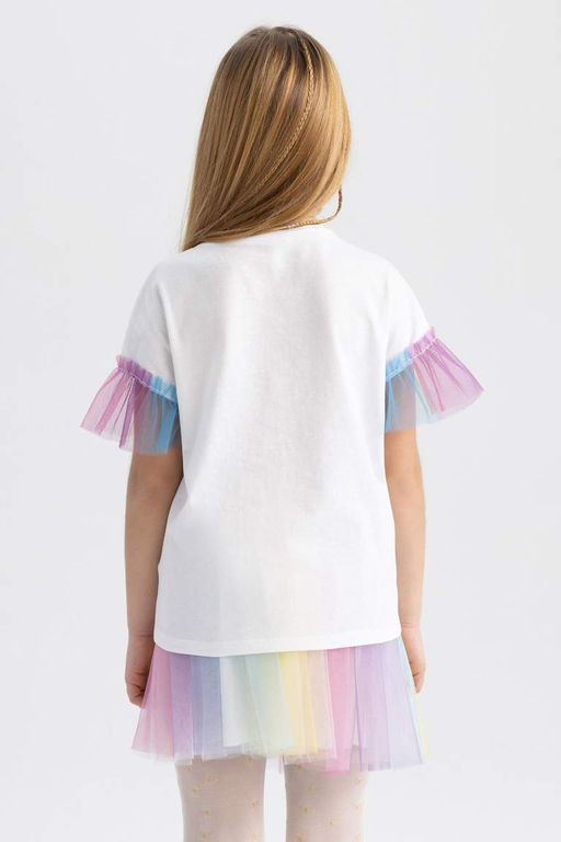 Белая футболка с короткими рукавами из тюля с принтом для девочек - Defacto фото 6