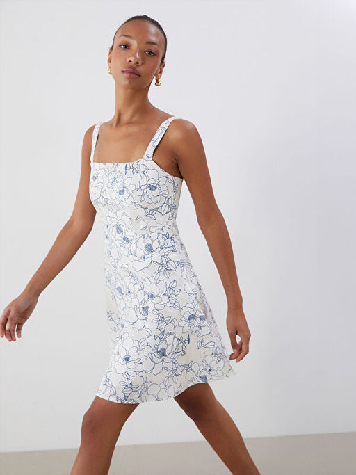 Kare Yaka ?i?ekli Ask?l? Mini Elbise