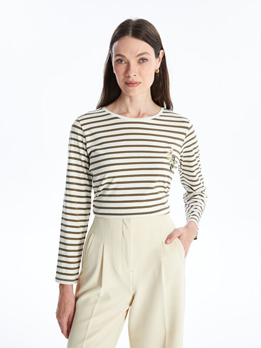 Bisiklet Yaka ?izgili Uzun Kollu Kad?n Ti??rt