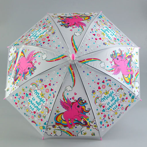 Зонт - трость детский «Розовый единорог», полуавтоматический, 8 спиц, R=41/47 см, d=82 см, белый