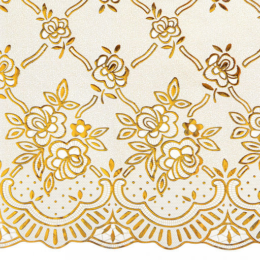 "LACE" Скатерть ажурная ПВХ "Нежность" 220х137см, длина стола до 180см, на 8 персон, белый фон, с золотом, матовая, на пленке, т.м. Домашняя мода (Китай)
