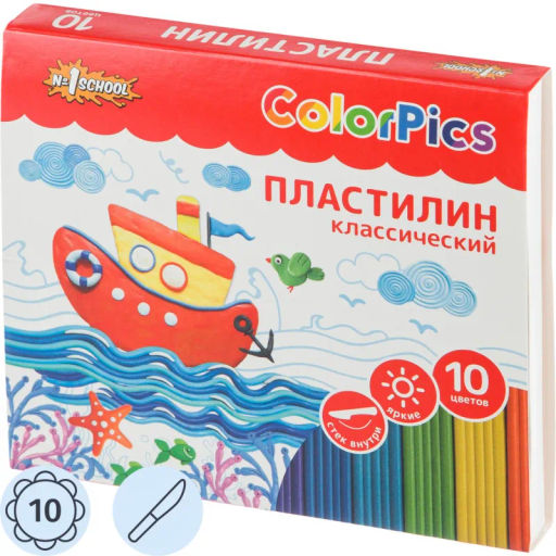 Пластилин клас.Комус Класс(№1 School) ColorPics набор 10 цв 200 г со стеком