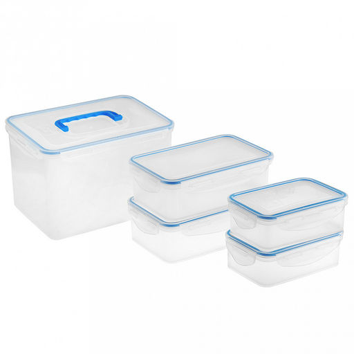 Контейнер из полипропилена "Classic" набор 5шт: 0,5л - 2шт - 16х11х5,5см, 1,1л - 2шт - 20,5х13,5х6,7см, 4,5л - 20,5х13,5х13см, герметичный, силиконовый уплотнитель, ручки-клипсы, прозрачный, подходит для СВЧ (Россия)