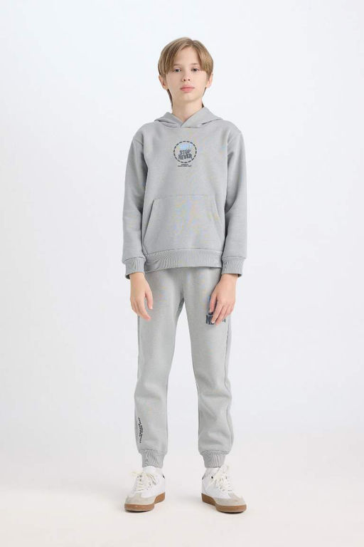 Серый толстый свитшот обычного кроя с капюшоном и принтом на спине для мальчиков - Defacto фото 2