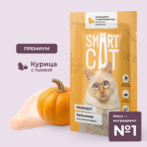 Паучи для взрослых кошек и котят кусочки курочки с тыквой в нежном соусе