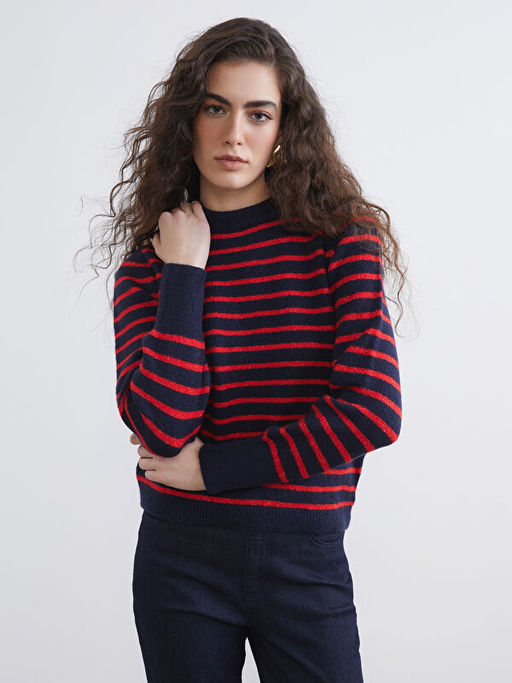 Bisiklet Yaka ?izgili Kad?n Triko Kazak