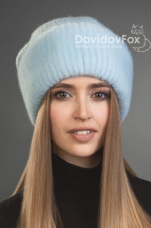Шапка Камелия норка трикотаж голубая