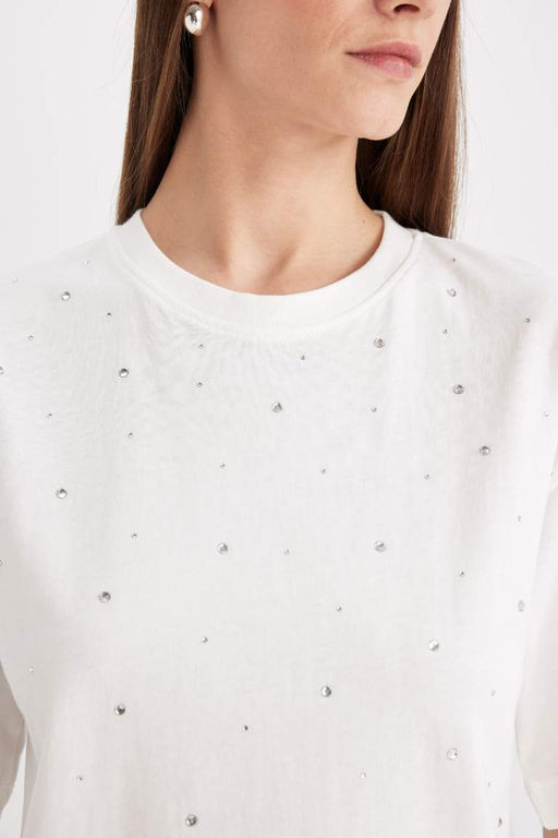 Широкая футболка оверсайз с круглым вырезом и детальной отделкой из чесаного хлопка с короткими рукавами - Defacto фото 7