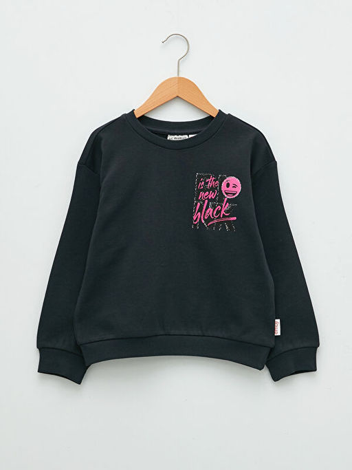 Bisiklet Yaka Emoji Bask?l? Uzun Kollu K?z ?ocuk Sweatshirt