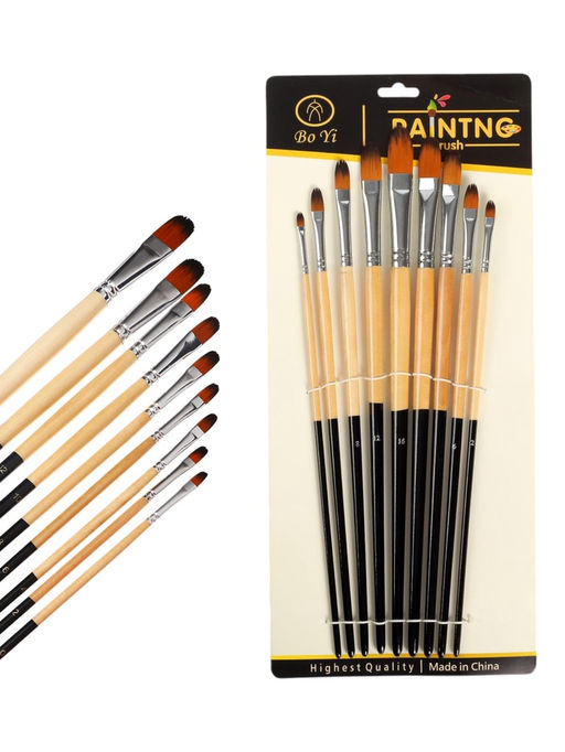 Набор кистей для рисования, нейлон, 9 штук: № 0, 2, 4, 6, 8, 10, 12, 14, 16, закругленные, с длинными ручками, международный размер