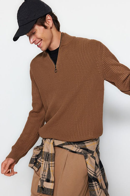 Camel Casual Regular Fit Couple/_ift Yar_m Bal_k__ Fermuarl_ Yaka Kazak TMNAW22KZ1908 - Trendyolmilla фото 2