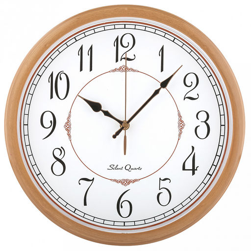 Часы настенные "Гран-маркиз" д31-33см, h5,4см, мягкий ход, циферблат белый; цифры арабские, черный; корпус пластик, бежевый "под дерево", в коробке (Китай)