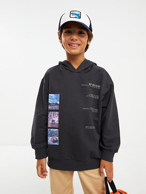 Kap??onlu Bask?l? Uzun Kollu Erkek ?ocuk Sweatshirt - Waikiki фото 2