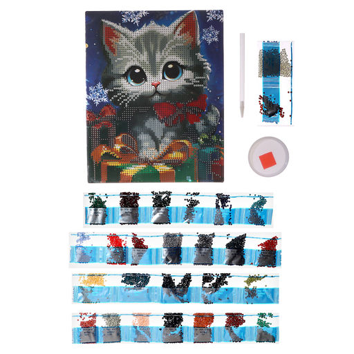 Алмазная мозаика на новый год с частичным заполнением Котенок с подарками, 20?25 см, набор для творчества
