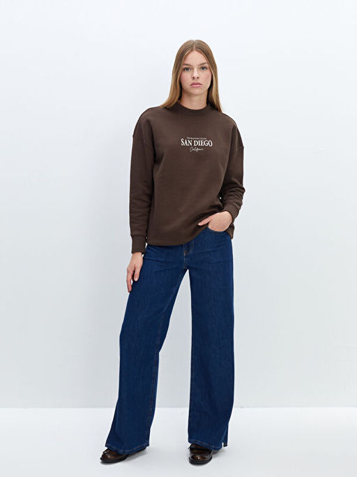 Bisiklet Yaka Bask?l? Oversize Kad?n Kal?n Sweatshirt