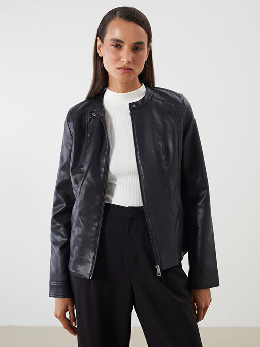 Bisiklet Yaka Kad?n Deri G?r?n?ml? Ceket