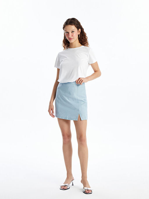 Beli Fermuarl? D?z Keten G?r?n?ml? Kad?n Etek