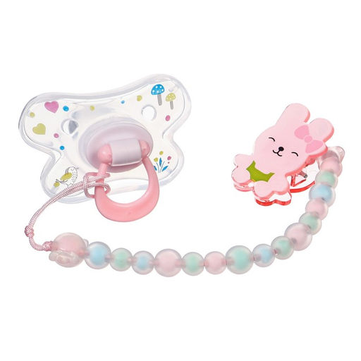 Соска - пустышка силиконовая ортодонтическая M&B «Зайка», от 12 мес., с колпачком, держатель, розовый