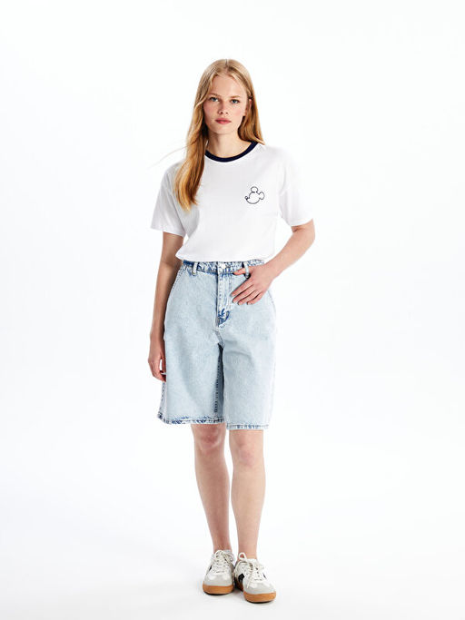 Bisiklet Yaka Mickey Mouse Bask?l? K?sa Kollu Kad?n Ti??rt