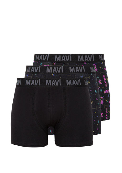 3lu Siyah Bask?l? Boxer Seti