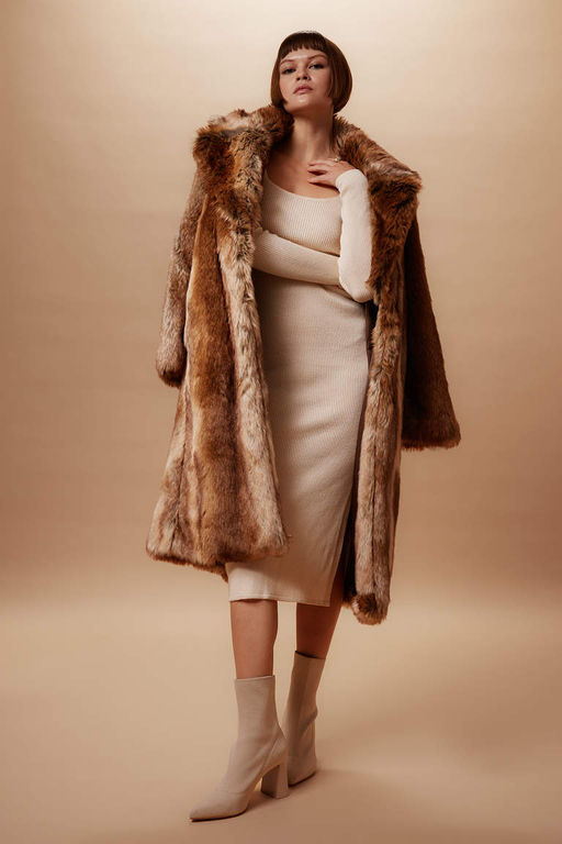 Приталенное платье миди в рубчик с квадратным вырезом и длинными рукавами и разрезом - Defacto фото 3