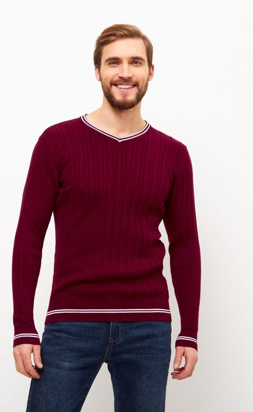 Пуловер с контрастной V-образной горловиной F221-15-3010 бордовый - Fine joyce фото 3