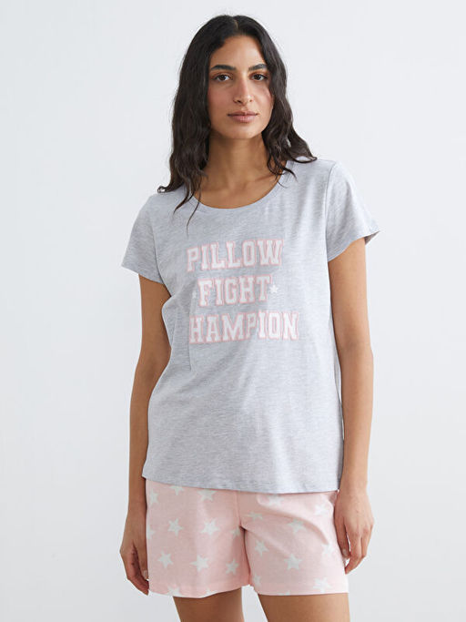 Bisiklet Yaka Bask?l? Kad?n ?ortlu Pijama Tak?m?