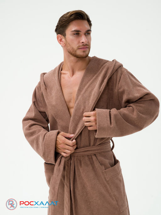 Мужской махровый халат с капюшоном коричневый МЗ-05 (118)