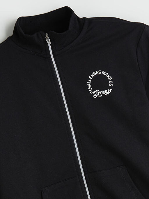 Dik Yaka Bask?l? K?z ?ocuk Fermuarl? Sweatshirt