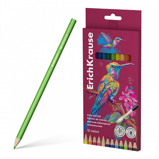 АКЦИЯ Цена за 12 шт. Акварельные карандаши деревянные ErichKrause Safari шестигранные, грифель 3,3 мм, 12 цветов с кисточкой (в коробке с европодвесом 12 шт)