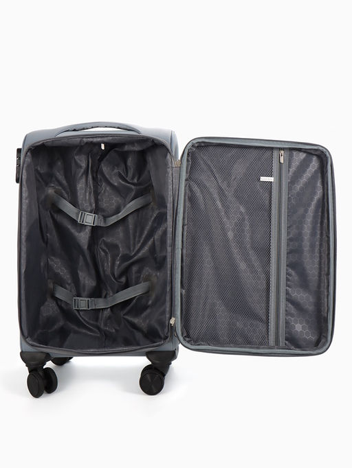 Чемодан 20",Текст,36*25*58,отд на молнии,1 нар/карм, увелич,код замок,4 колеса, т.серый