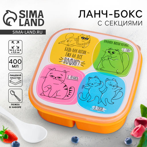 Ланч - бокс квадратный с секциями и ложкой Кот, 400 мл