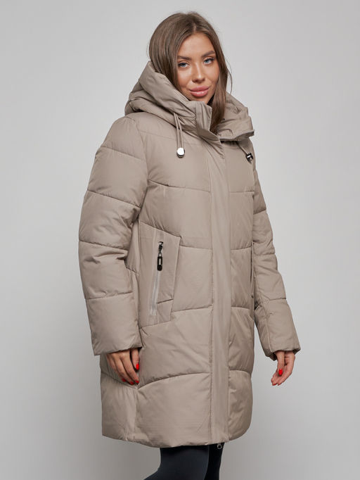 Пальто утепленное молодежное зимнее женское бежевого цвета 52363B