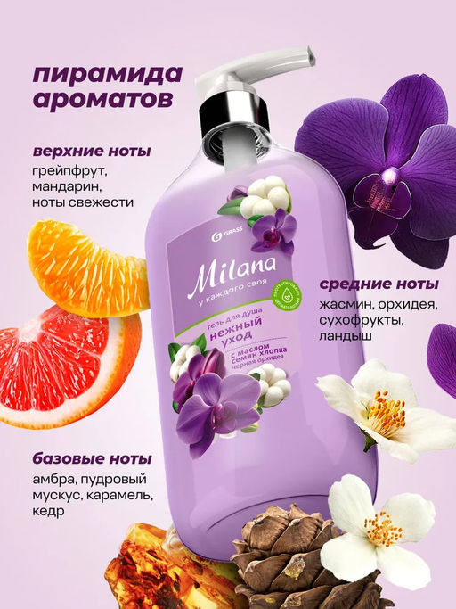 Гель для душа Milana Черная орхидея с маслом семян хлопка, 750 мл - Grass фото 3