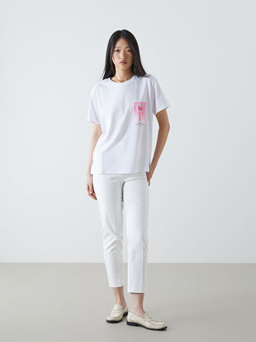 Bisiklet Yaka Bask?l? Penye Kad?n Ti??rt