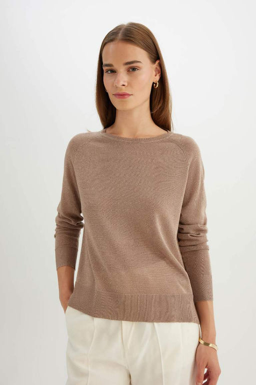 Женский однотонный вязаный свитер стандартного силуэта с круглым вырезом и рукавами реглан, серебристый - Defacto фото 4