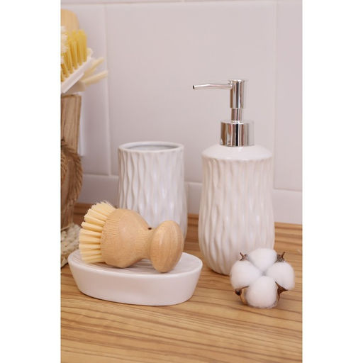 Набор аксессуаров для ванной комнаты Доляна Течение, 4 предмета, дозатор 350 мл, мыльница, два стакана 300 мл, белый  фото 2
