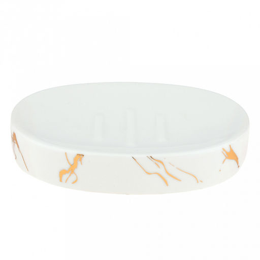 Набор для ванной "Мрамор" 4 предмета: дозатор для мыла 360мл, д7см, h17,8см; мыльница 11,3х7,8х2,4см; стакан для зубных щеток с разделителем 330мл, д7см, h10,7см, стакан 290мл, д6,3см, h11см; фурнитура пластик "под золото", глянцвая глазурь, белый/зо