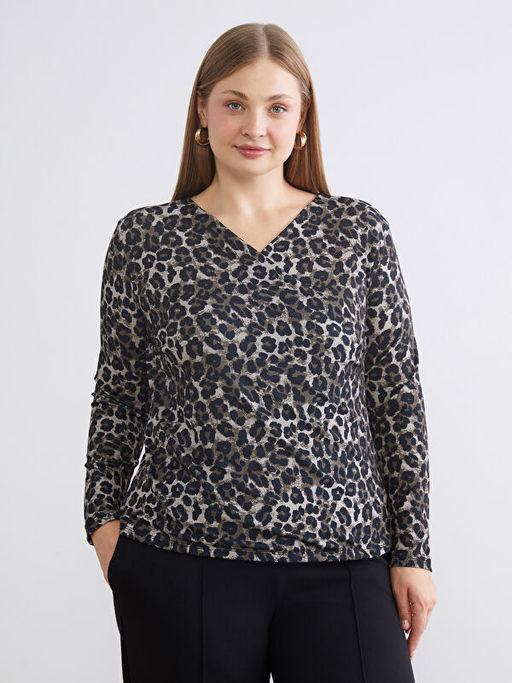 B?y?k Beden Kruvaze Yaka Leopar Desenli Bluz