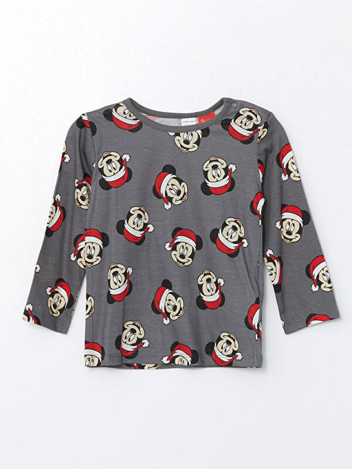 Bisiklet Yaka Uzun Kollu Mickey Mouse Bask?l? Erkek Bebek Pijama ?st
