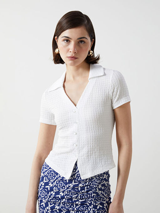 Polo Yaka Dokulu Kad?n Bluz